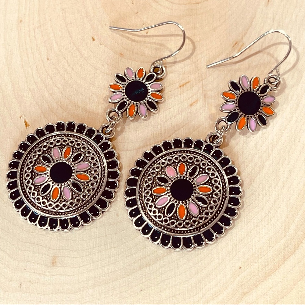 BoHo earrings DOUBLE DROP Dangling Flower deep blue silver pink hanging movement